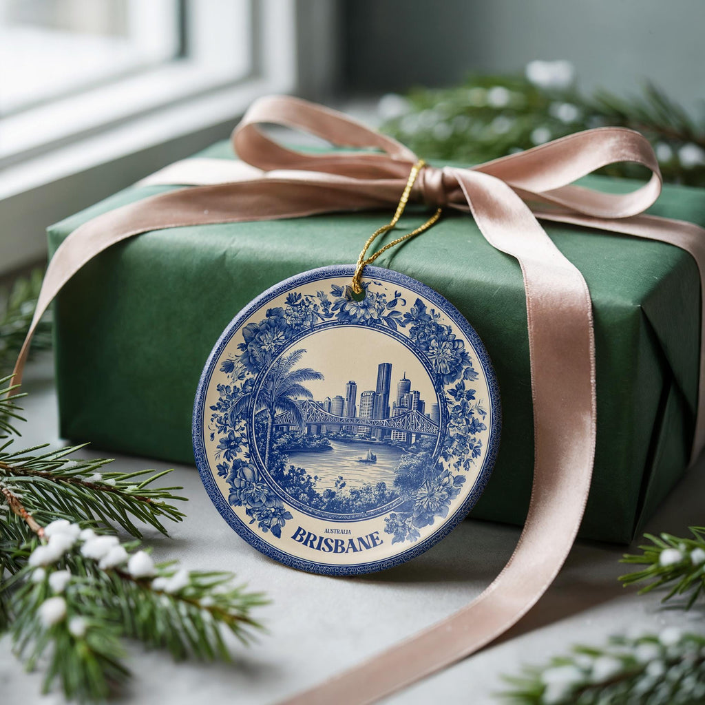Custom Brisbane Australia Ceramic Delft Ornament, Christmas Delftware Blue Delftware city travel - CuteBeePix