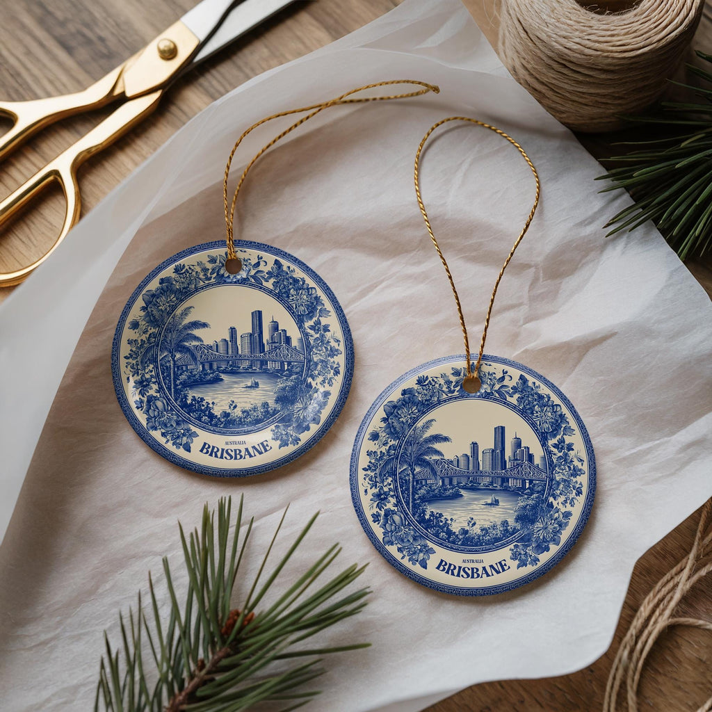 Custom Brisbane Australia Ceramic Delft Ornament, Christmas Delftware Blue Delftware city travel - CuteBeePix