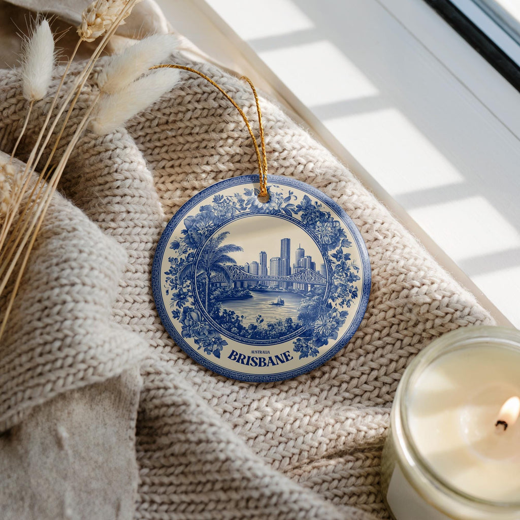 Custom Brisbane Australia Ceramic Delft Ornament, Christmas Delftware Blue Delftware city travel - CuteBeePix