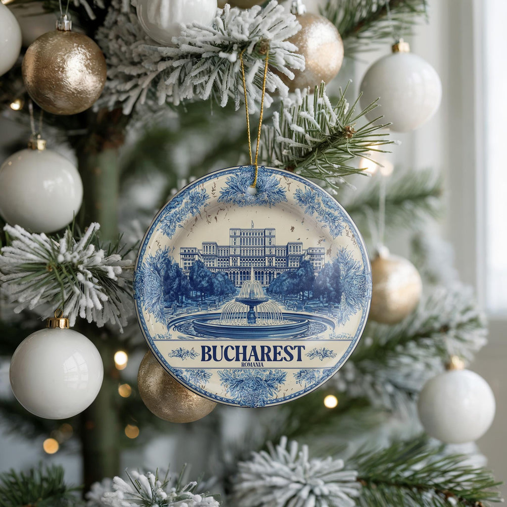 Custom Bucharest Romania Ceramic Delft Ornament, Christmas Delftware Blue Delftware city travel - CuteBeePix