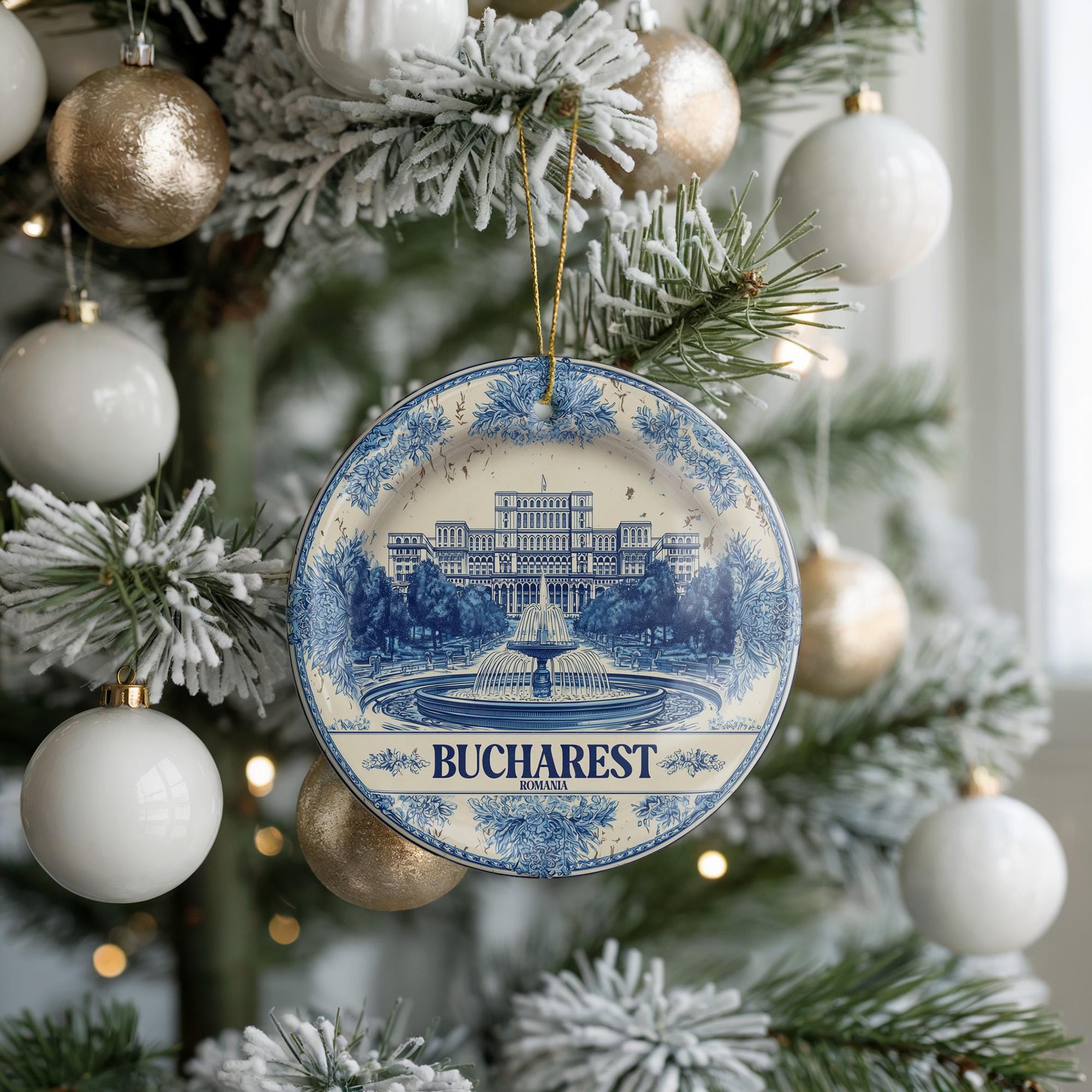 Custom Bucharest Romania Ceramic Delft Ornament, Christmas Delftware Blue Delftware city travel - CuteBeePix