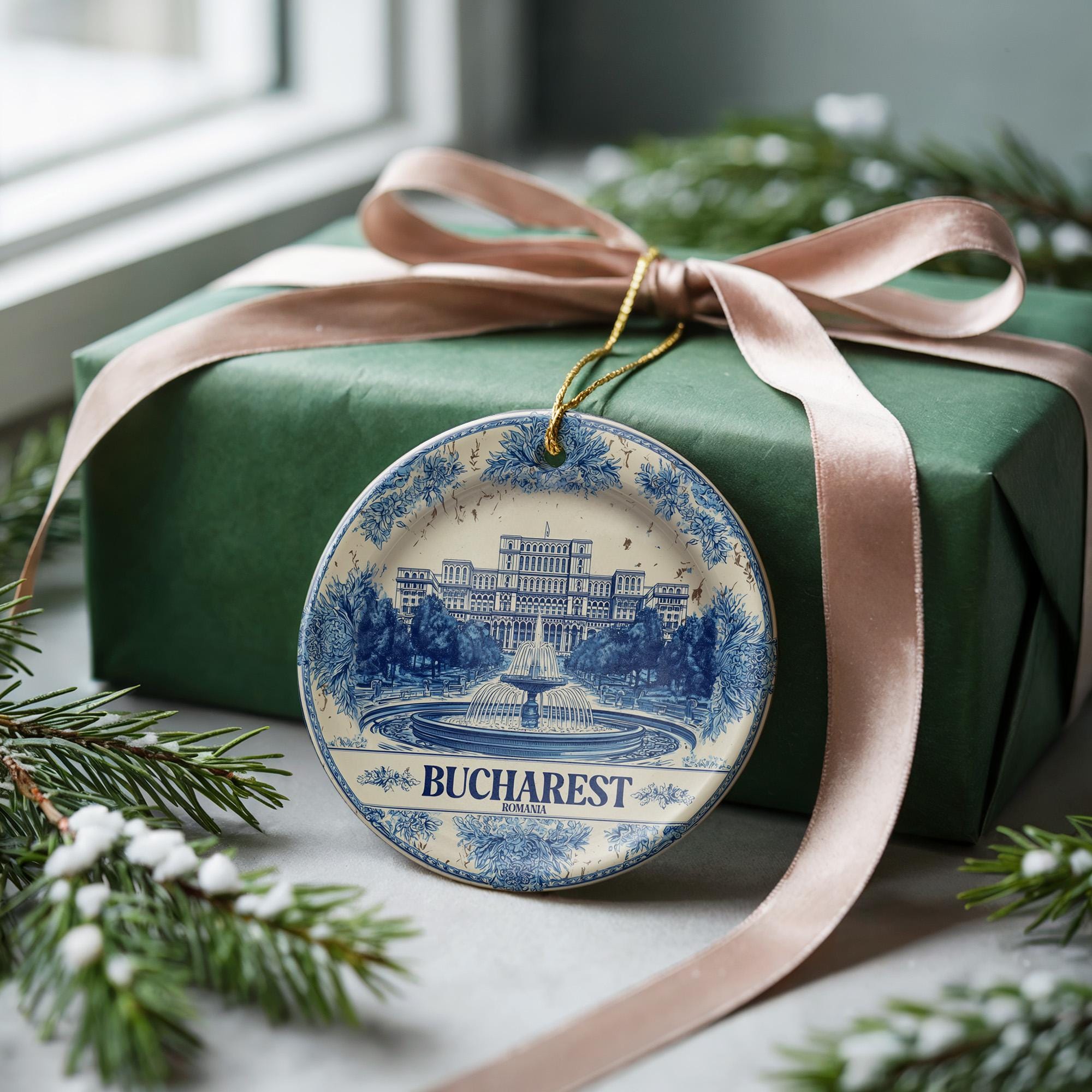 Custom Bucharest Romania Ceramic Delft Ornament, Christmas Delftware Blue Delftware city travel - CuteBeePix