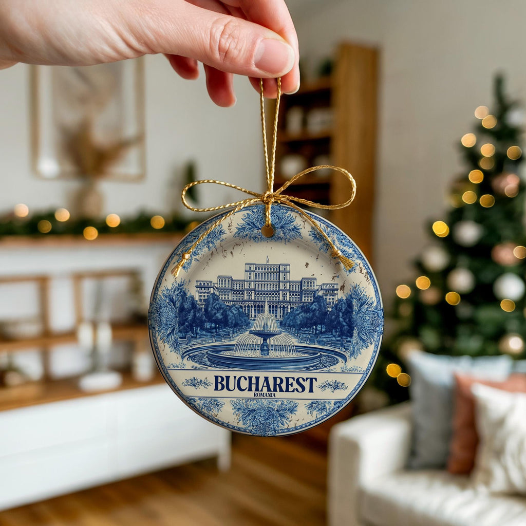 Custom Bucharest Romania Ceramic Delft Ornament, Christmas Delftware Blue Delftware city travel - CuteBeePix