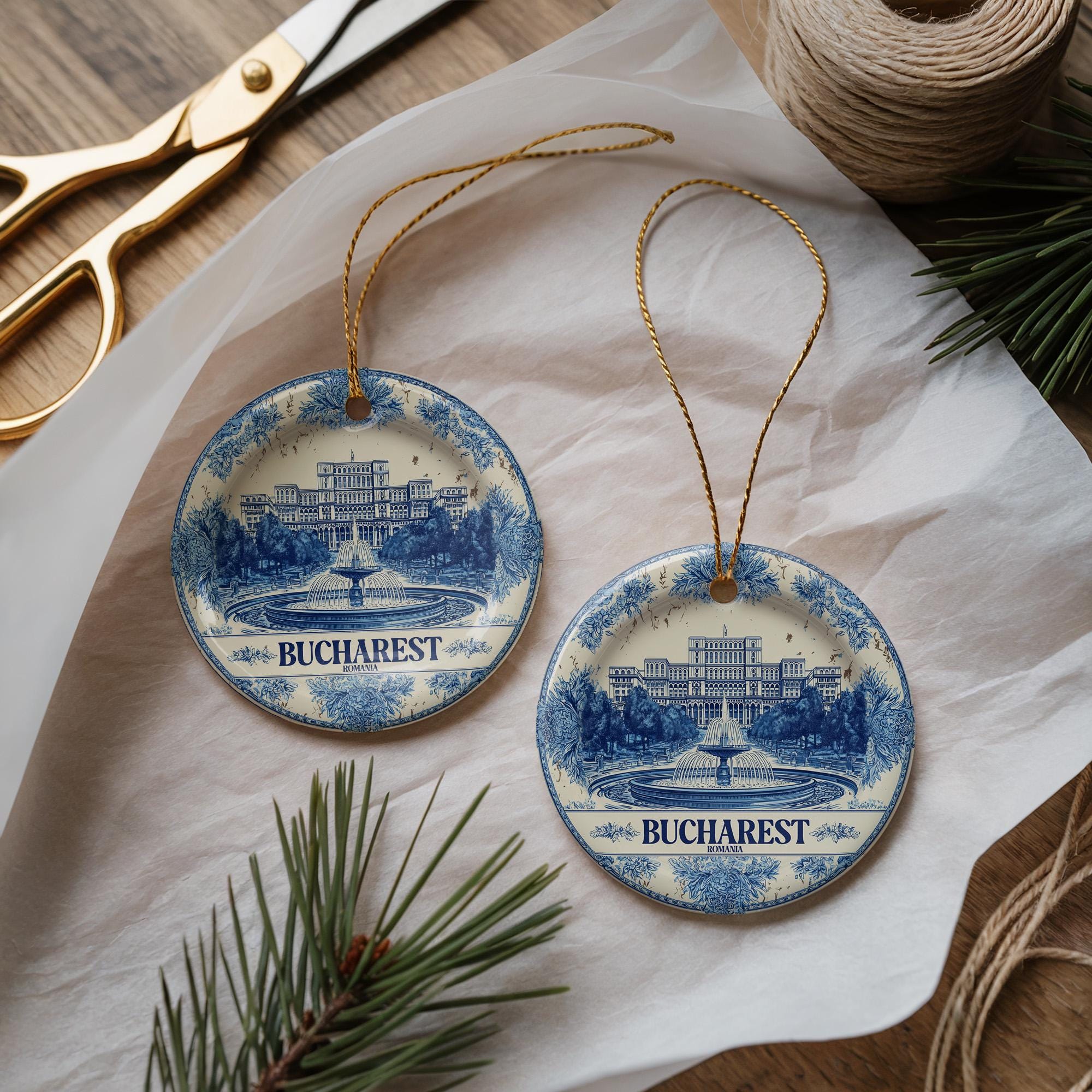 Custom Bucharest Romania Ceramic Delft Ornament, Christmas Delftware Blue Delftware city travel - CuteBeePix
