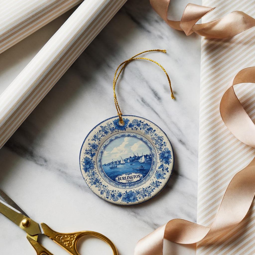 Custom Burlington Vermont Ceramic Delft Ornament, Christmas Delftware Blue Delftware city travel - CuteBeePix