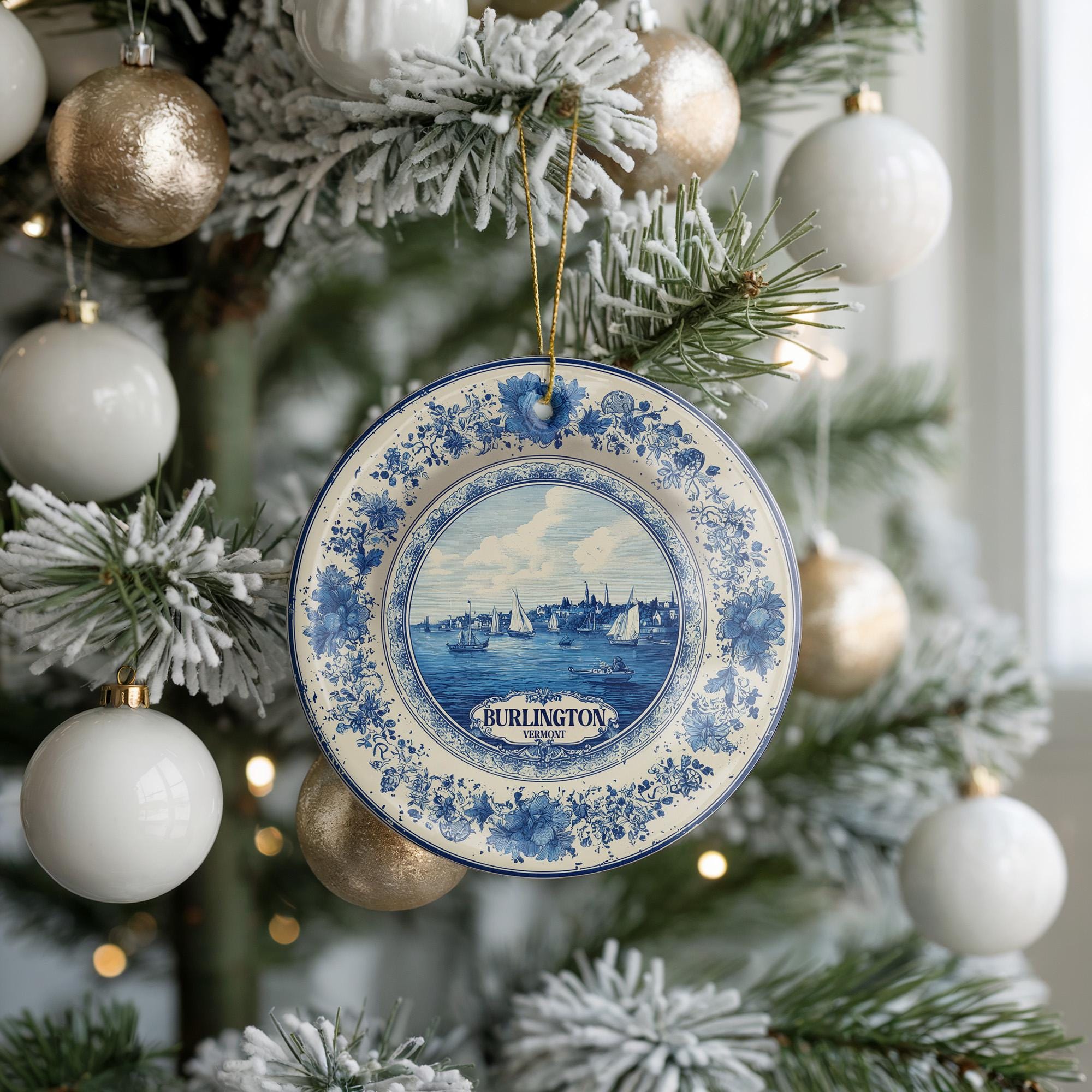 Custom Burlington Vermont Ceramic Delft Ornament, Christmas Delftware Blue Delftware city travel - CuteBeePix