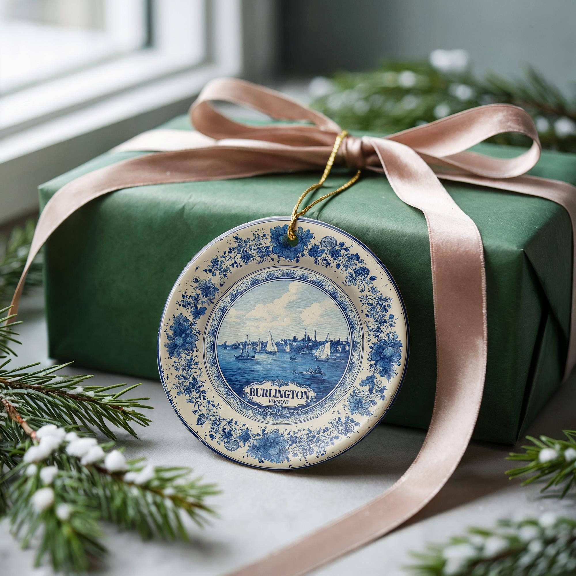 Custom Burlington Vermont Ceramic Delft Ornament, Christmas Delftware Blue Delftware city travel - CuteBeePix