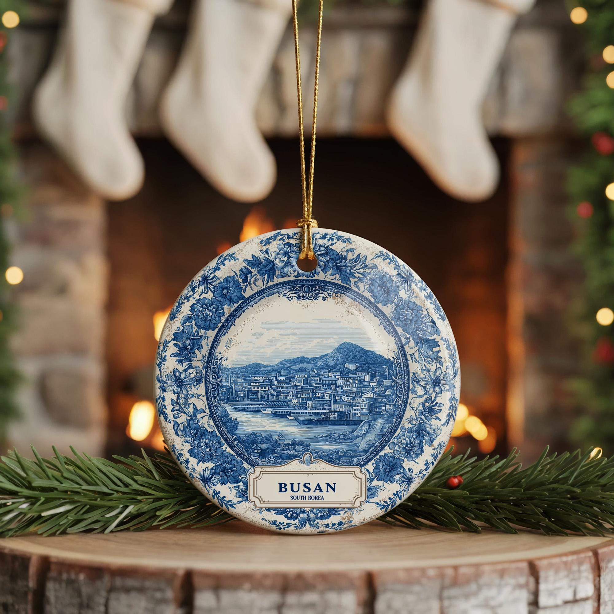 Custom Busan South Korea Ceramic Delft Ornament, Christmas Delftware Blue Delftware city travel - CuteBeePix
