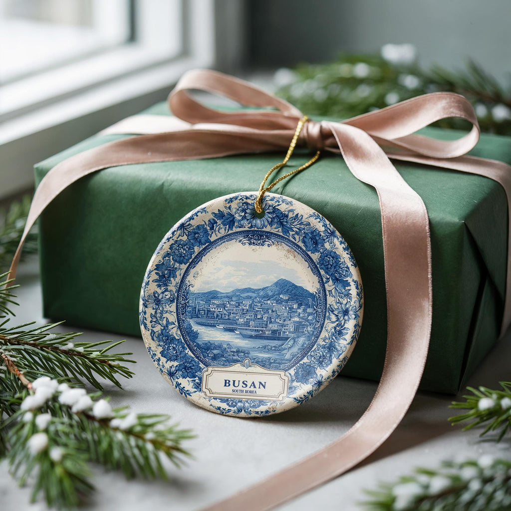 Custom Busan South Korea Ceramic Delft Ornament, Christmas Delftware Blue Delftware city travel - CuteBeePix