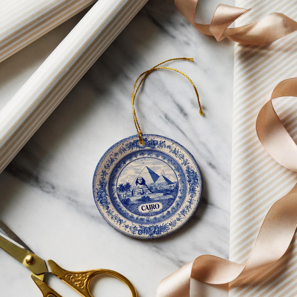 Custom Cairo Egypt Ceramic Delft Ornament, Christmas Delftware Blue Delftware city travel - CuteBeePix