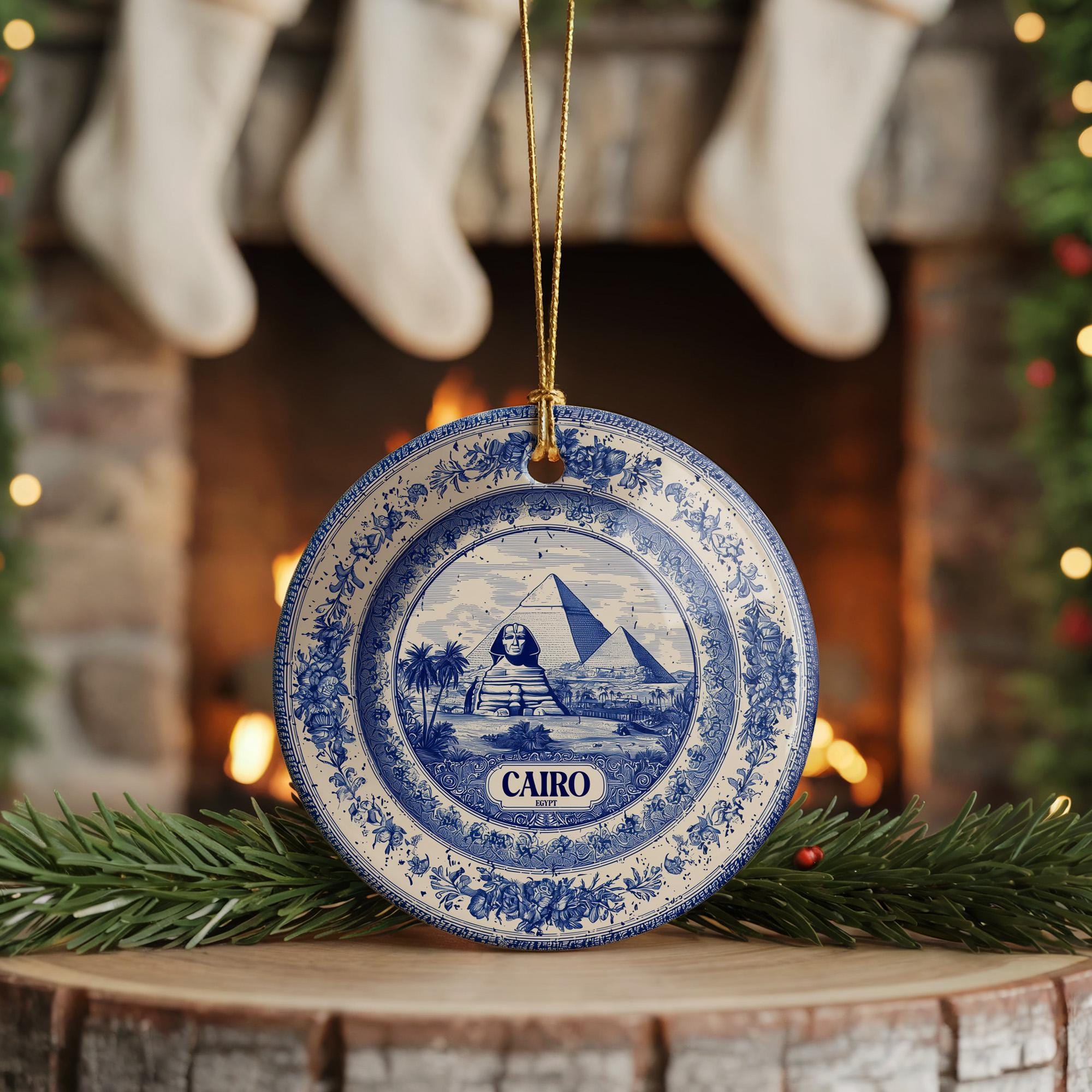 Custom Cairo Egypt Ceramic Delft Ornament, Christmas Delftware Blue Delftware city travel - CuteBeePix