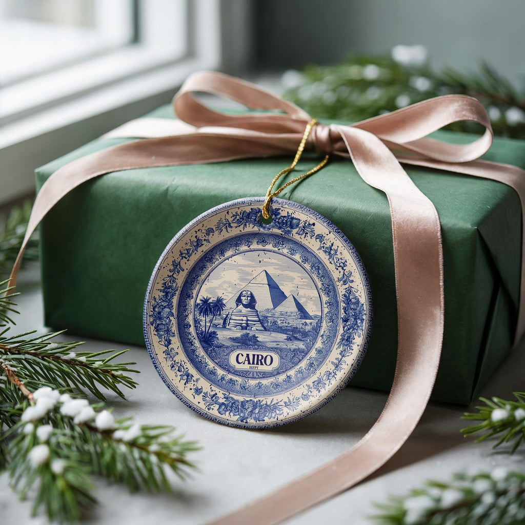 Custom Cairo Egypt Ceramic Delft Ornament, Christmas Delftware Blue Delftware city travel - CuteBeePix