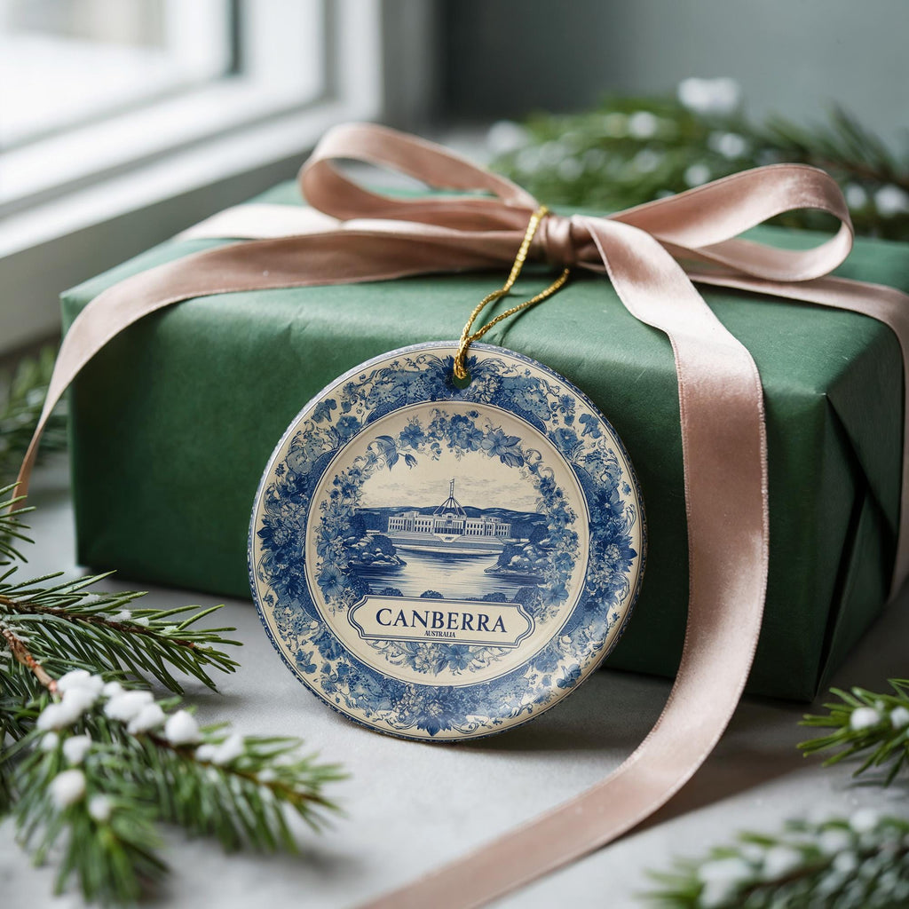 Custom Canberra Australia Ceramic Delft Ornament, Christmas Delftware Blue Delftware city travel - CuteBeePix