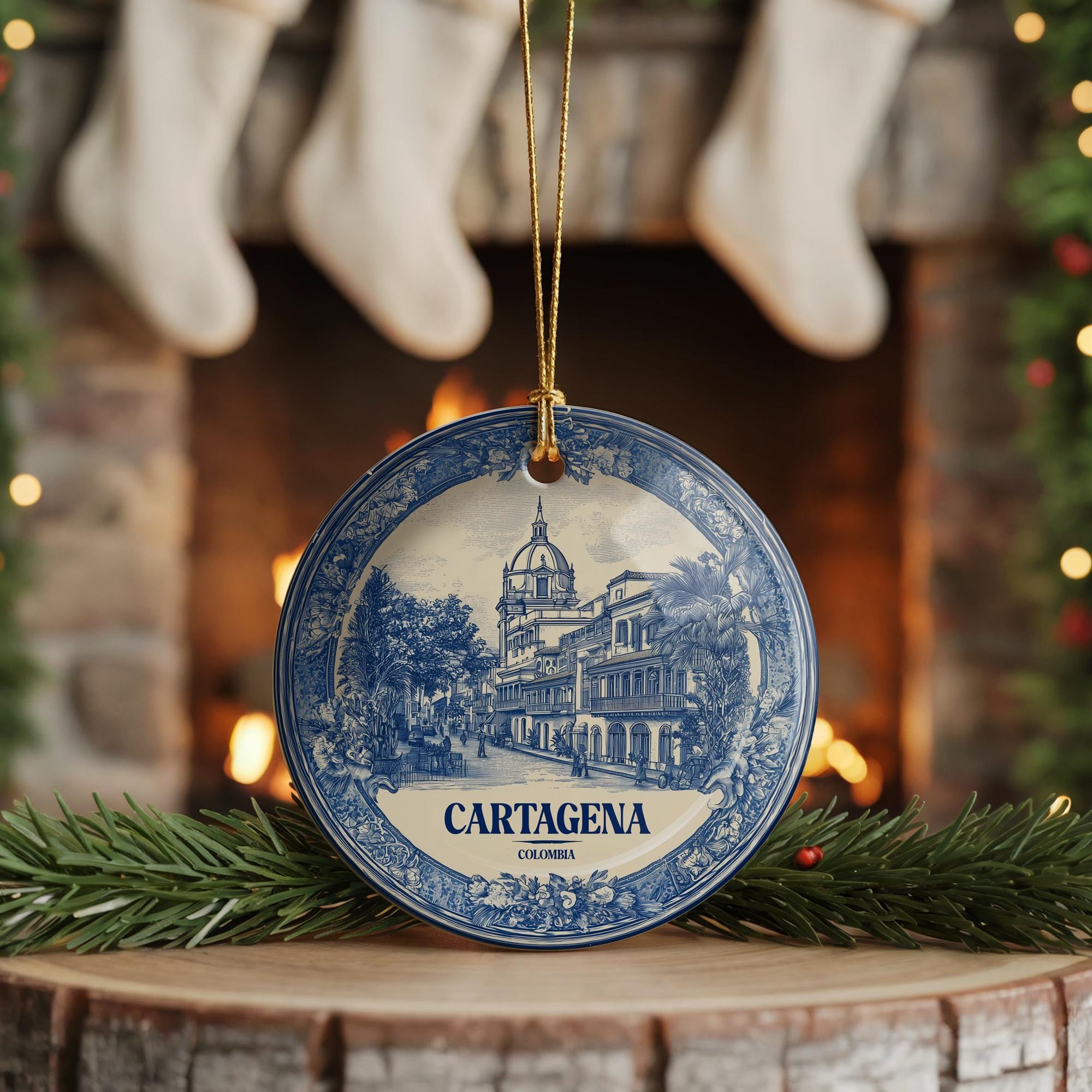 Custom Cartagena Colombia Ceramic Delft Ornament, Christmas Delftware Blue Delftware city travel - CuteBeePix