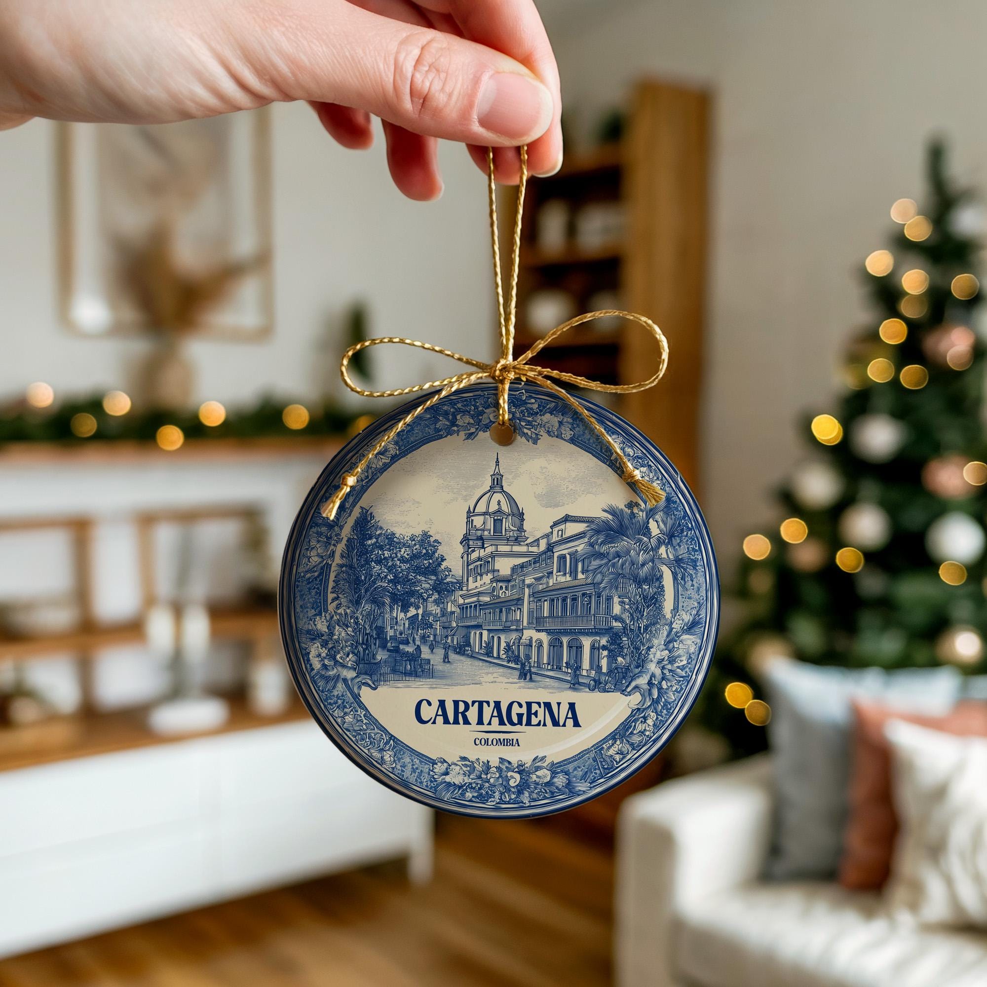 Custom Cartagena Colombia Ceramic Delft Ornament, Christmas Delftware Blue Delftware city travel - CuteBeePix
