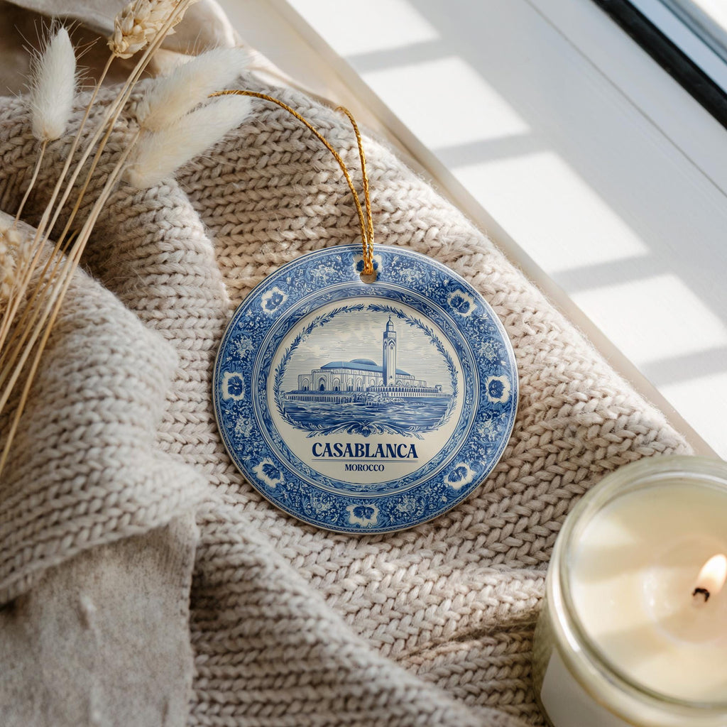 Custom Casablanca Morocco Ceramic Delft Ornament, Christmas Delftware Blue Delftware city travel - CuteBeePix