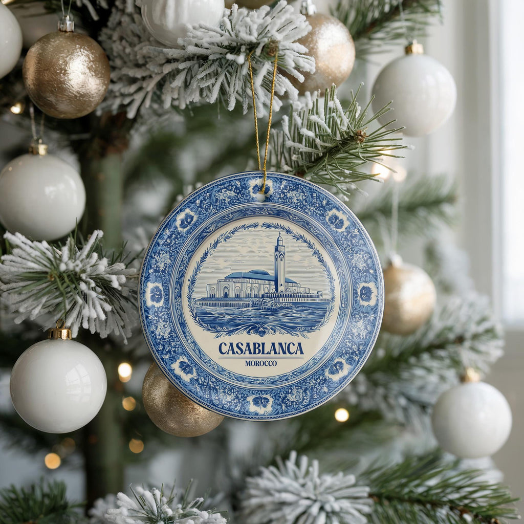 Custom Casablanca Morocco Ceramic Delft Ornament, Christmas Delftware Blue Delftware city travel - CuteBeePix