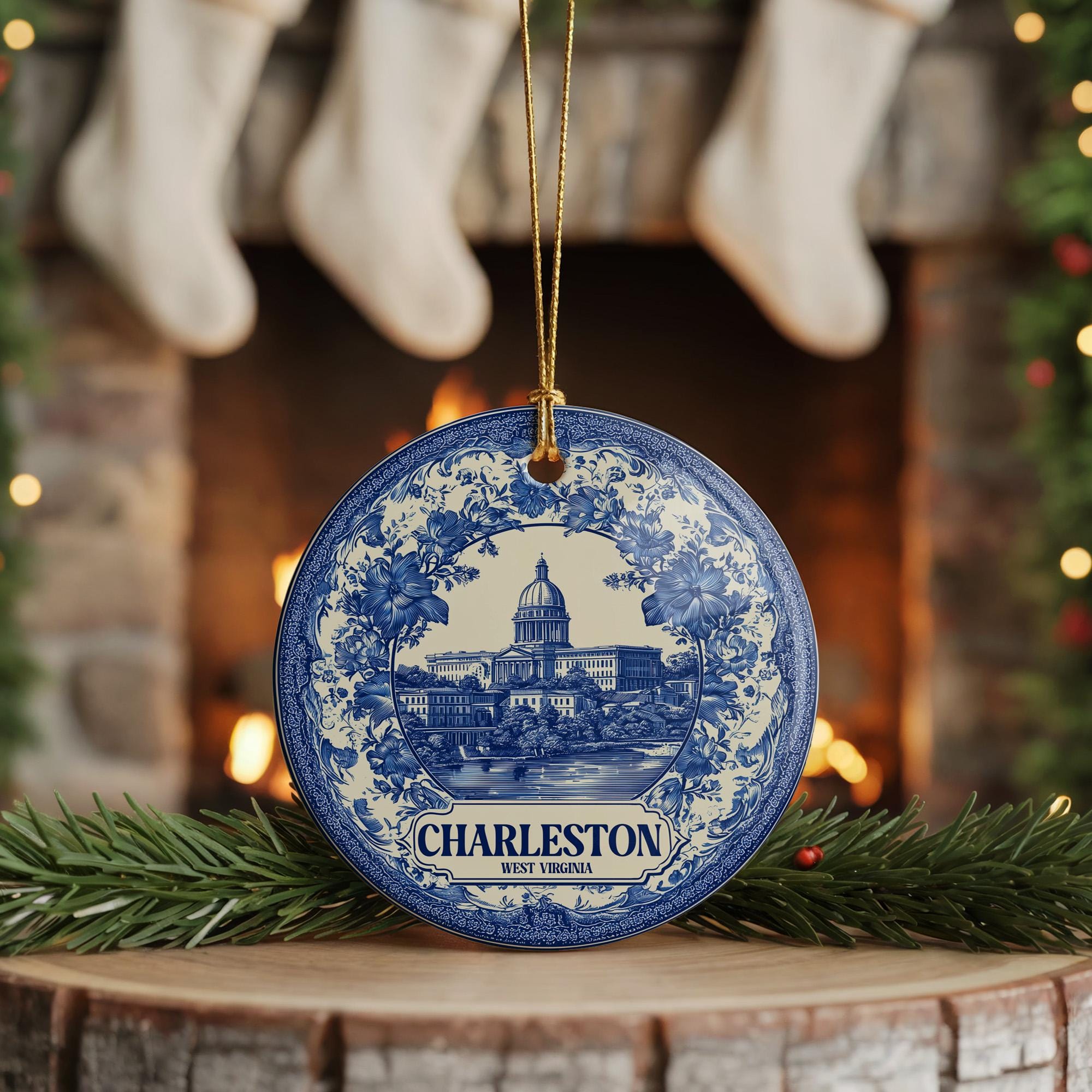 Custom Charleston West Virginia Ceramic Delft Ornament, Christmas Delftware Blue Delftware city travel - CuteBeePix