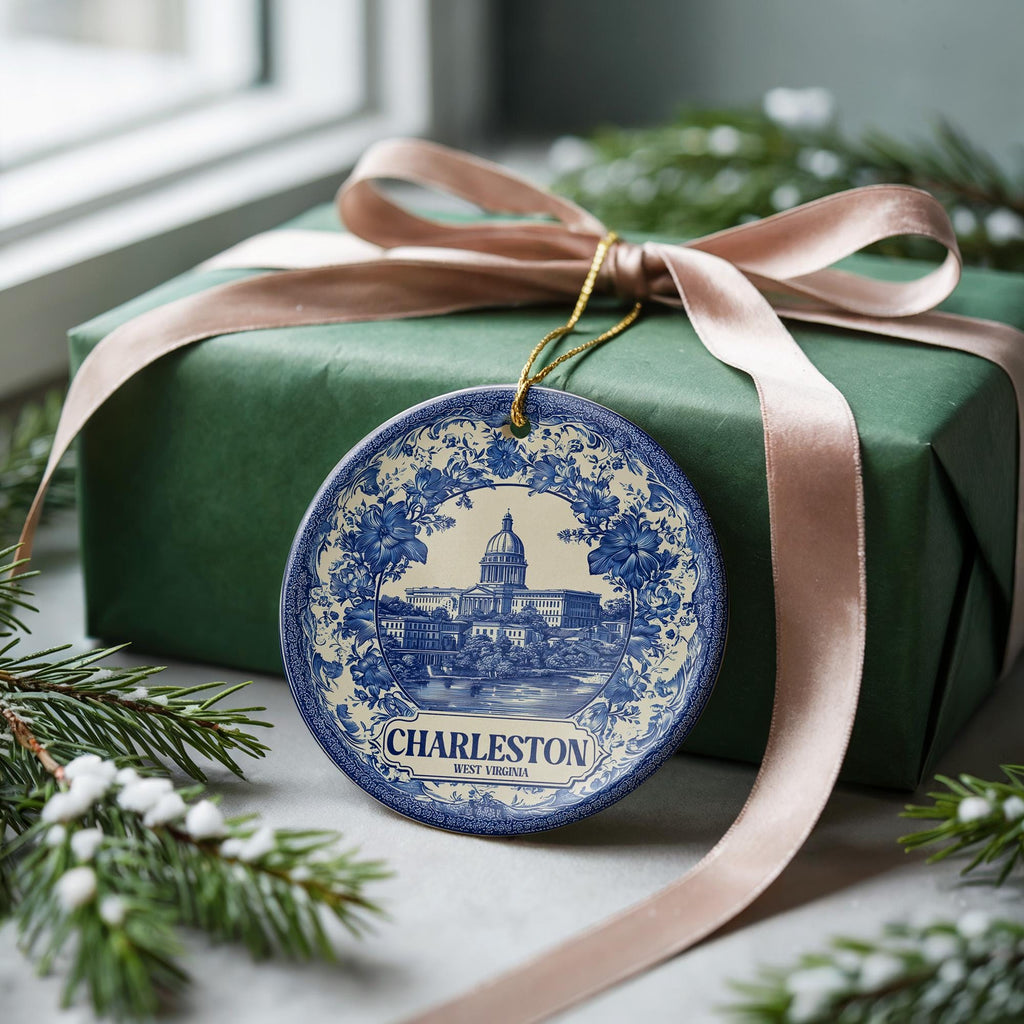 Custom Charleston West Virginia Ceramic Delft Ornament, Christmas Delftware Blue Delftware city travel - CuteBeePix