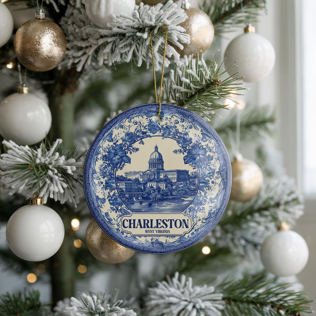 Custom Charleston West Virginia Ceramic Delft Ornament, Christmas Delftware Blue Delftware city travel - CuteBeePix