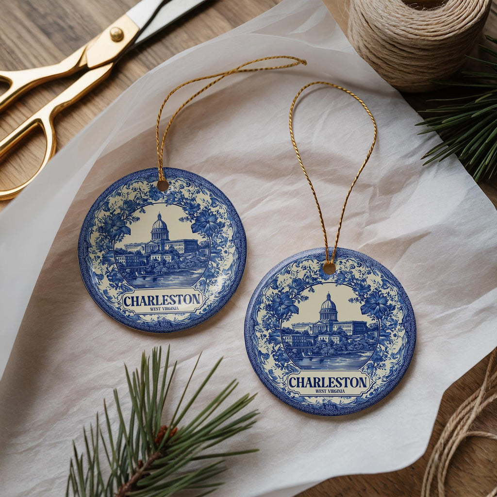 Custom Charleston West Virginia Ceramic Delft Ornament, Christmas Delftware Blue Delftware city travel - CuteBeePix