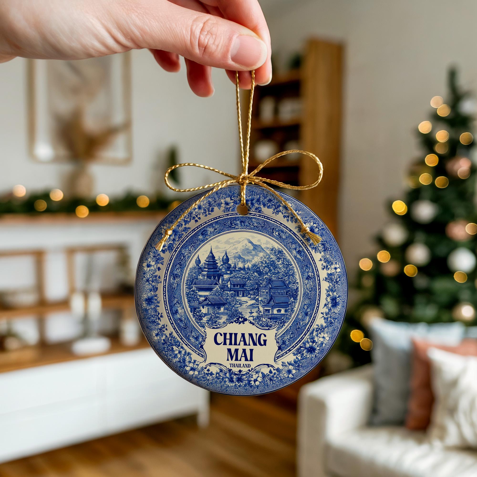Custom Chiang Mai Thailand Ceramic Delft Ornament, Christmas Delftware Blue Delftware city travel - CuteBeePix