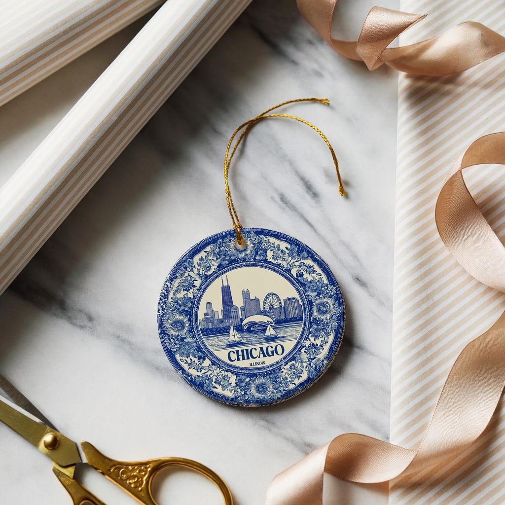 Custom Chicago Illinois US Ceramic Delft Ornament, Christmas Delftware Blue Delftware city travel - CuteBeePix