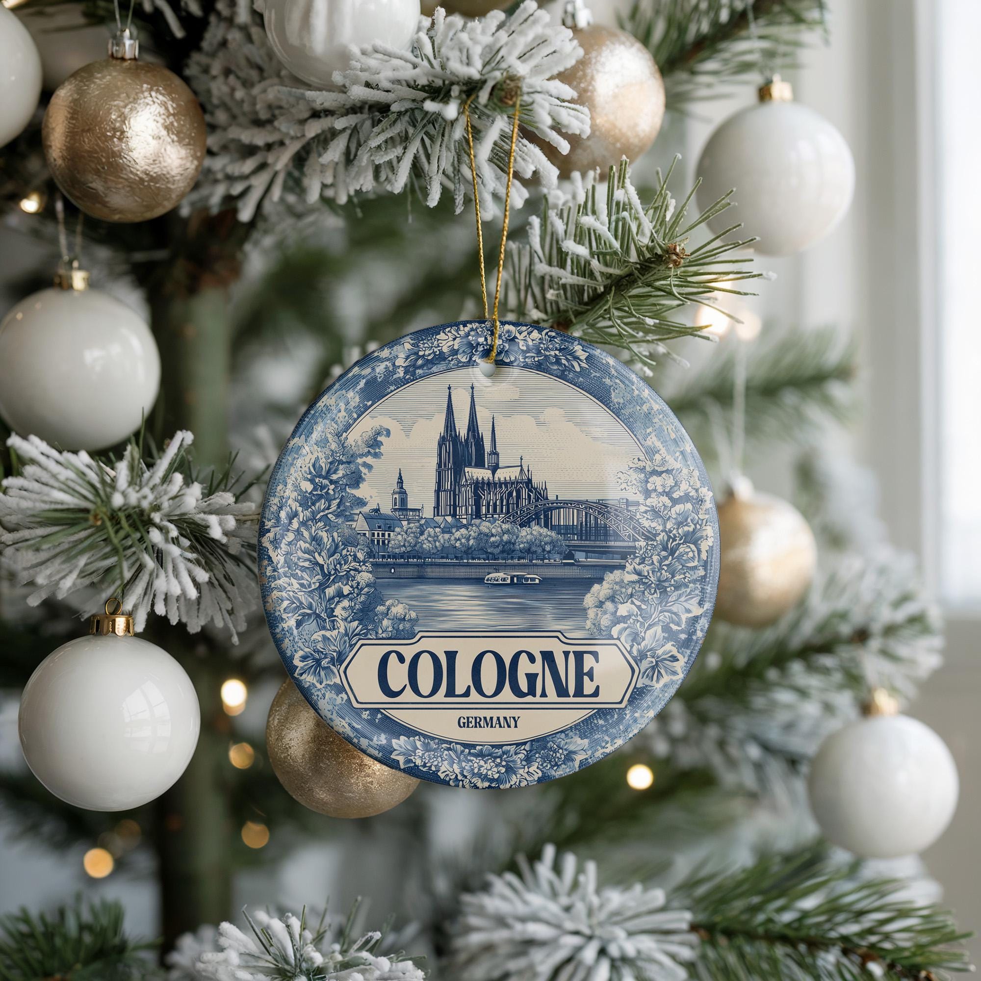 Custom Cologne Germany Ceramic Delft Ornament, Christmas Delftware Blue Delftware city travel - CuteBeePix