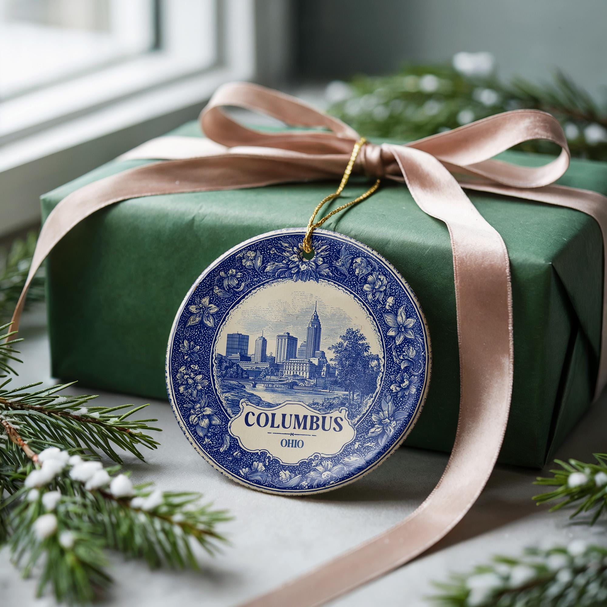 Custom Columbus Ohio Ceramic Delft Ornament, Christmas Delftware Blue Delftware city travel - CuteBeePix