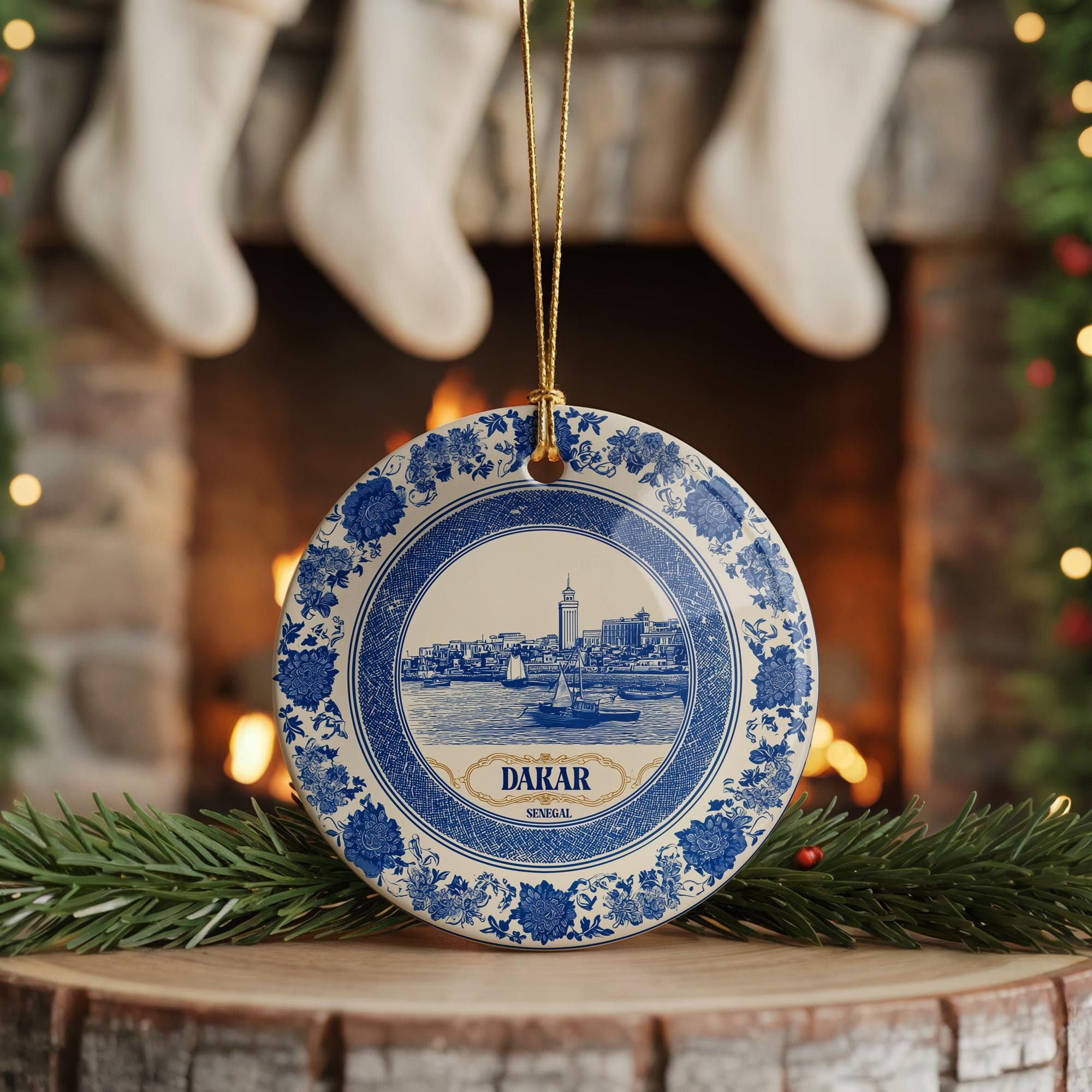 Custom Dakar Senegal Ceramic Delft Ornament, Christmas Delftware Blue Delftware city travel - CuteBeePix