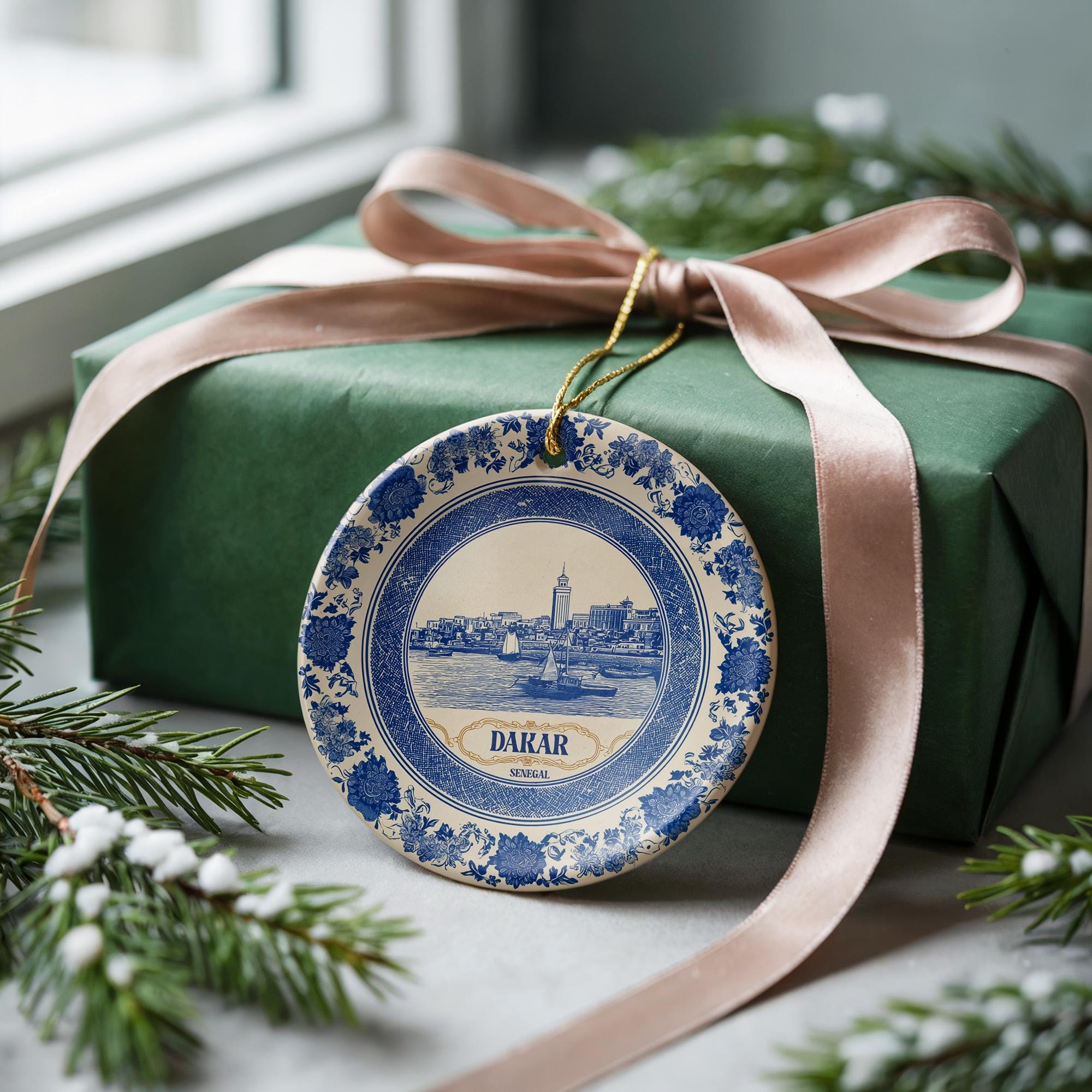 Custom Dakar Senegal Ceramic Delft Ornament, Christmas Delftware Blue Delftware city travel - CuteBeePix
