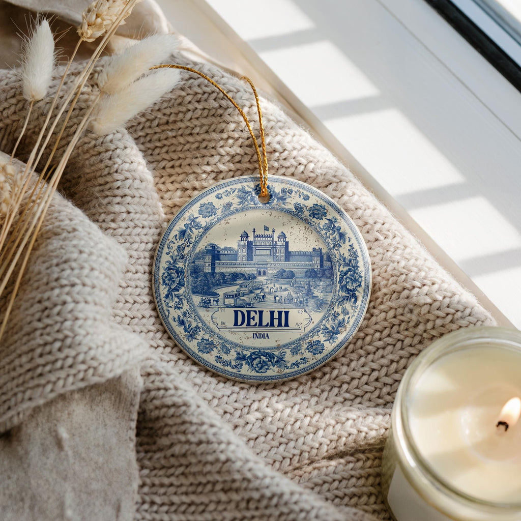 Custom Delhi India Ceramic Delft Ornament, Christmas Delftware Blue Delftware city travel - CuteBeePix