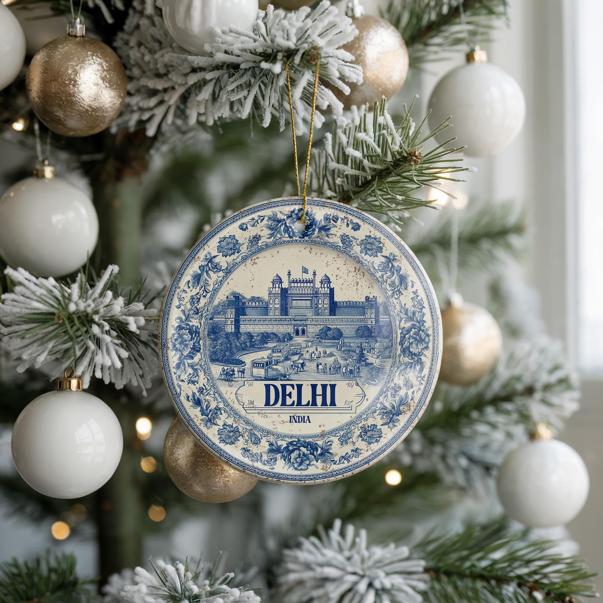 Custom Delhi India Ceramic Delft Ornament, Christmas Delftware Blue Delftware city travel - CuteBeePix