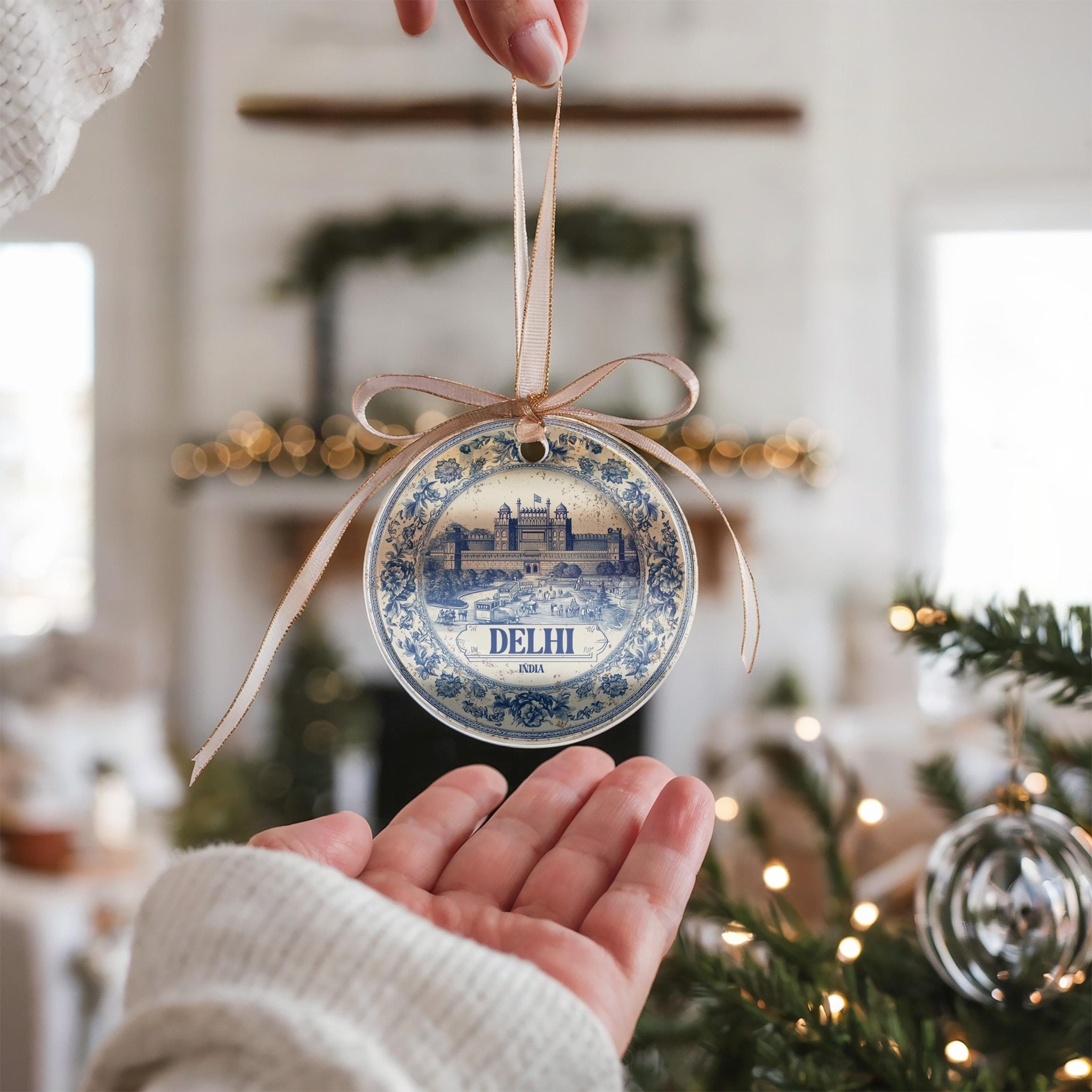 Custom Delhi India Ceramic Delft Ornament, Christmas Delftware Blue Delftware city travel - CuteBeePix