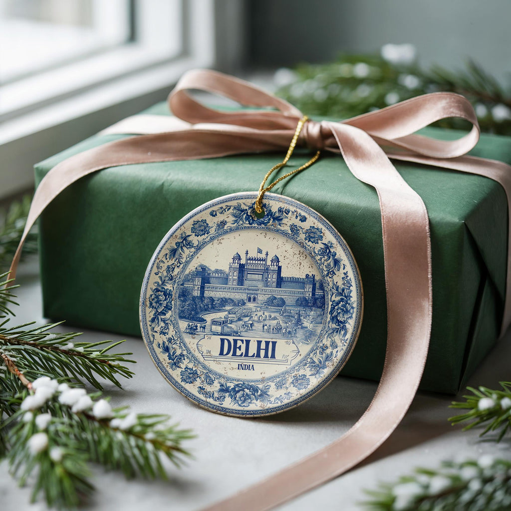 Custom Delhi India Ceramic Delft Ornament, Christmas Delftware Blue Delftware city travel - CuteBeePix