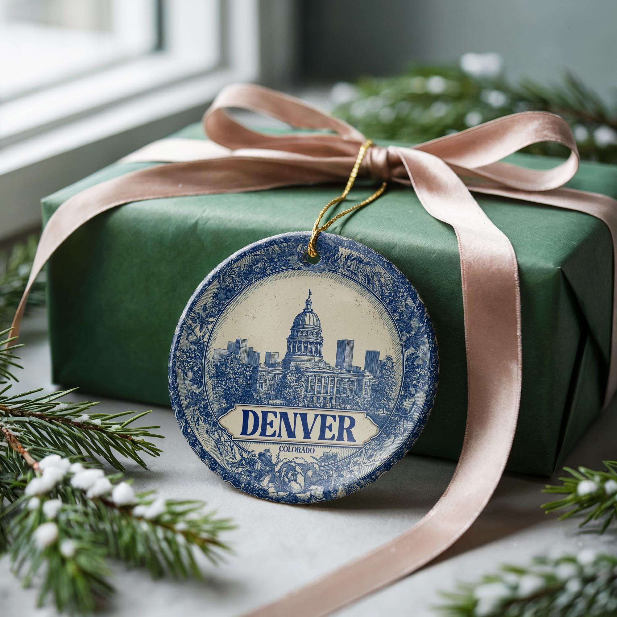 Custom Denver Colorado Ceramic Delft Ornament, Christmas Delftware Blue Delftware city travel - CuteBeePix
