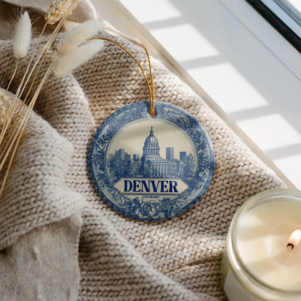 Custom Denver Colorado Ceramic Delft Ornament, Christmas Delftware Blue Delftware city travel - CuteBeePix