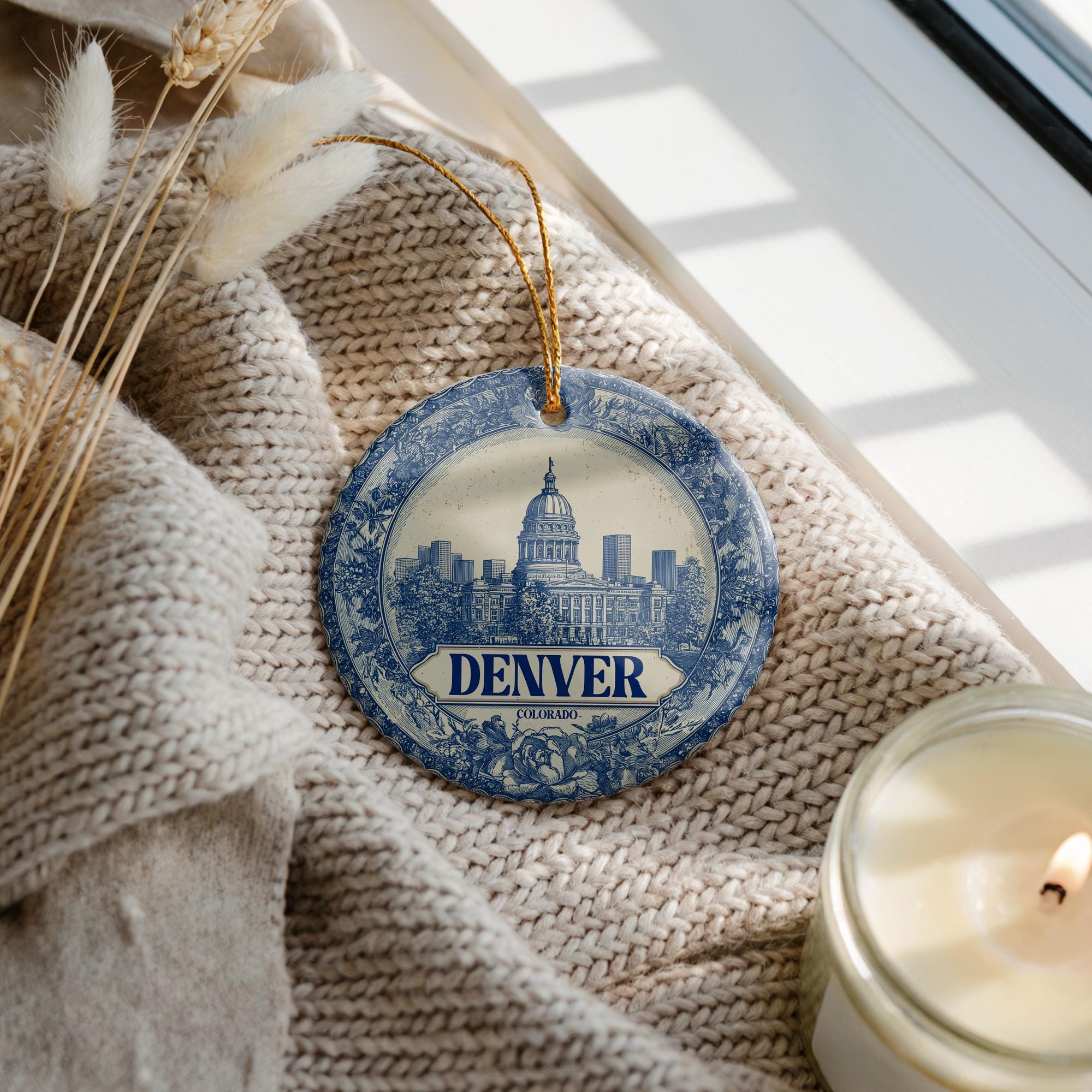 Custom Denver Colorado Ceramic Delft Ornament, Christmas Delftware Blue Delftware city travel - CuteBeePix