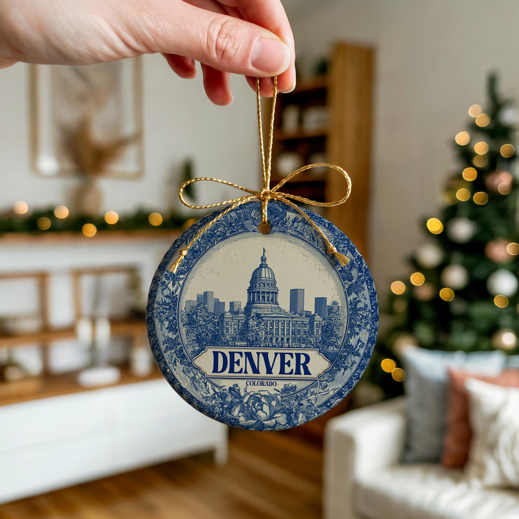 Custom Denver Colorado Ceramic Delft Ornament, Christmas Delftware Blue Delftware city travel - CuteBeePix