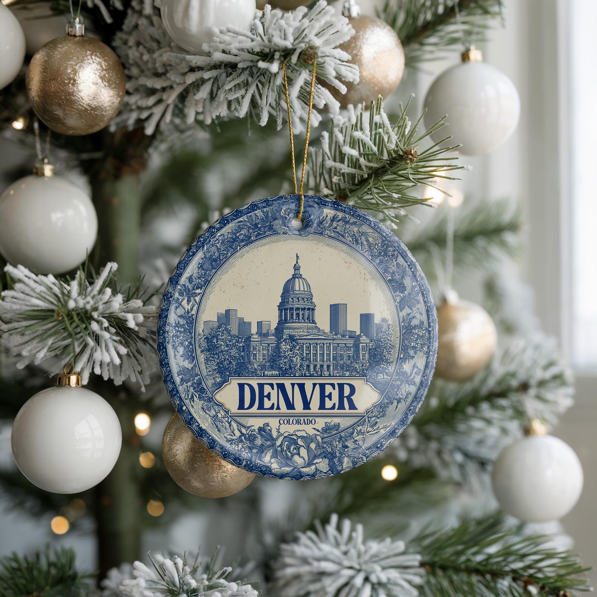 Custom Denver Colorado Ceramic Delft Ornament, Christmas Delftware Blue Delftware city travel - CuteBeePix
