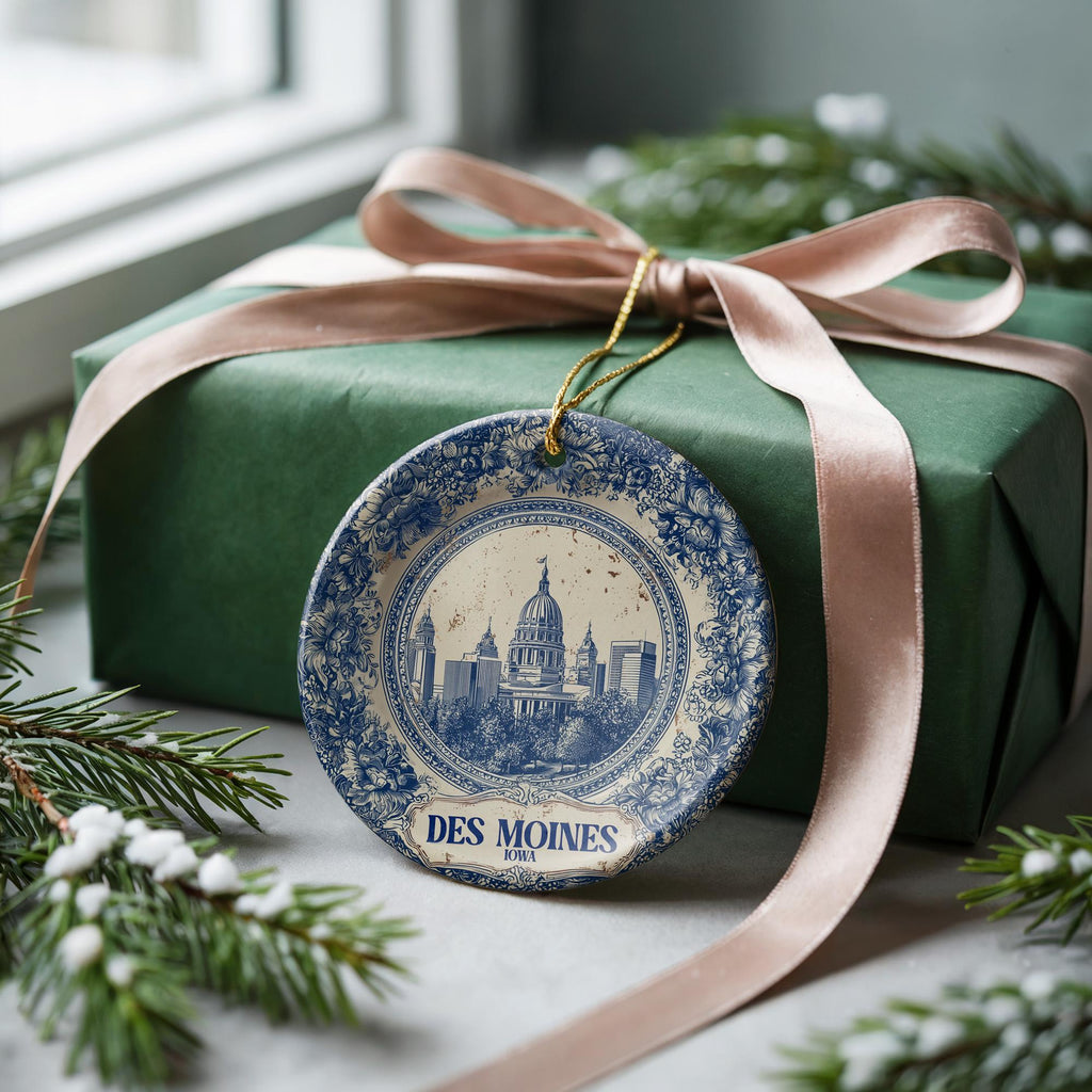 Custom Des Moines Iowa Ceramic Delft Ornament, Christmas Delftware Blue Delftware city travel - CuteBeePix