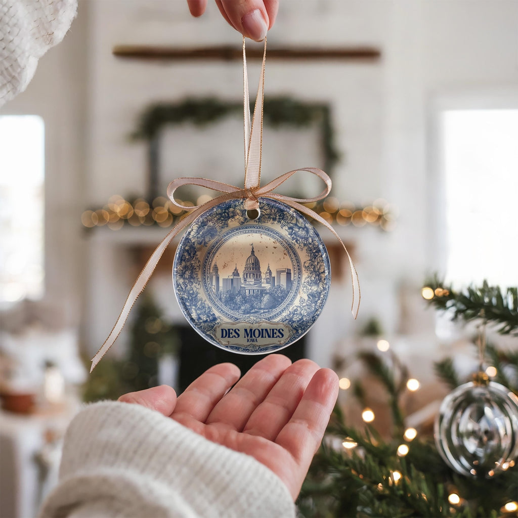 Custom Des Moines Iowa Ceramic Delft Ornament, Christmas Delftware Blue Delftware city travel - CuteBeePix