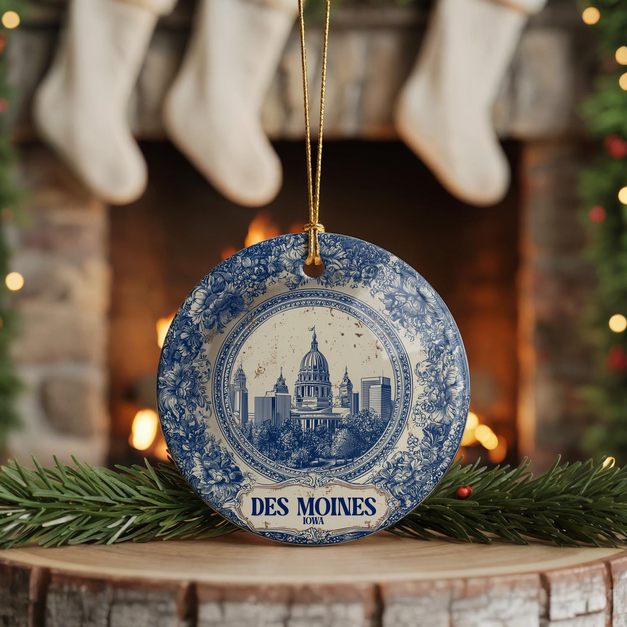 Custom Des Moines Iowa Ceramic Delft Ornament, Christmas Delftware Blue Delftware city travel - CuteBeePix
