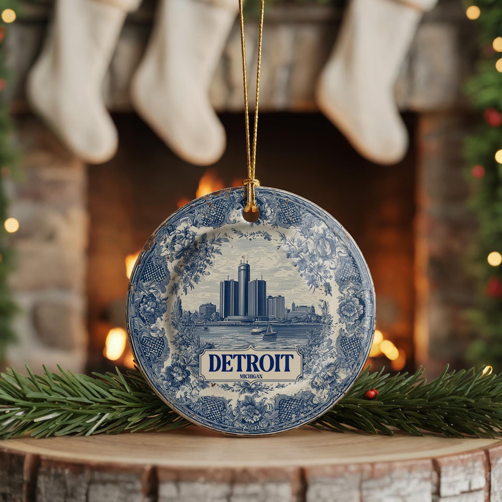 Custom Detroit Michigan Ceramic Delft Ornament, Christmas Delftware Blue Delftware city travel - CuteBeePix