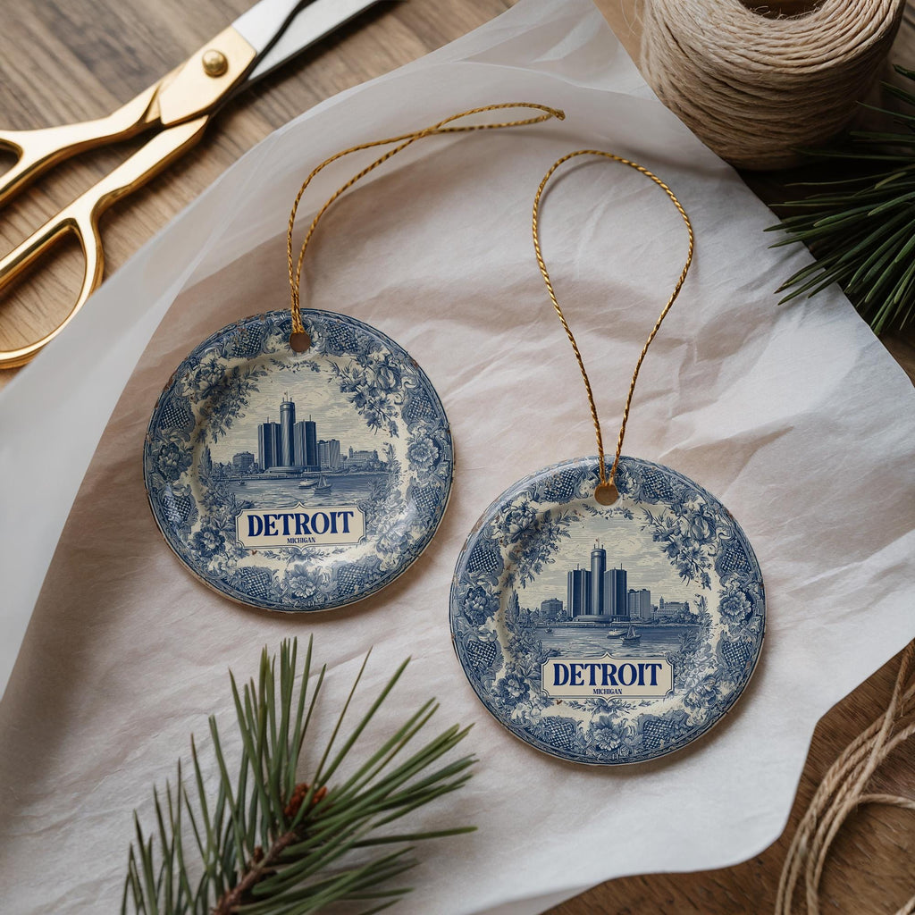Custom Detroit Michigan Ceramic Delft Ornament, Christmas Delftware Blue Delftware city travel - CuteBeePix