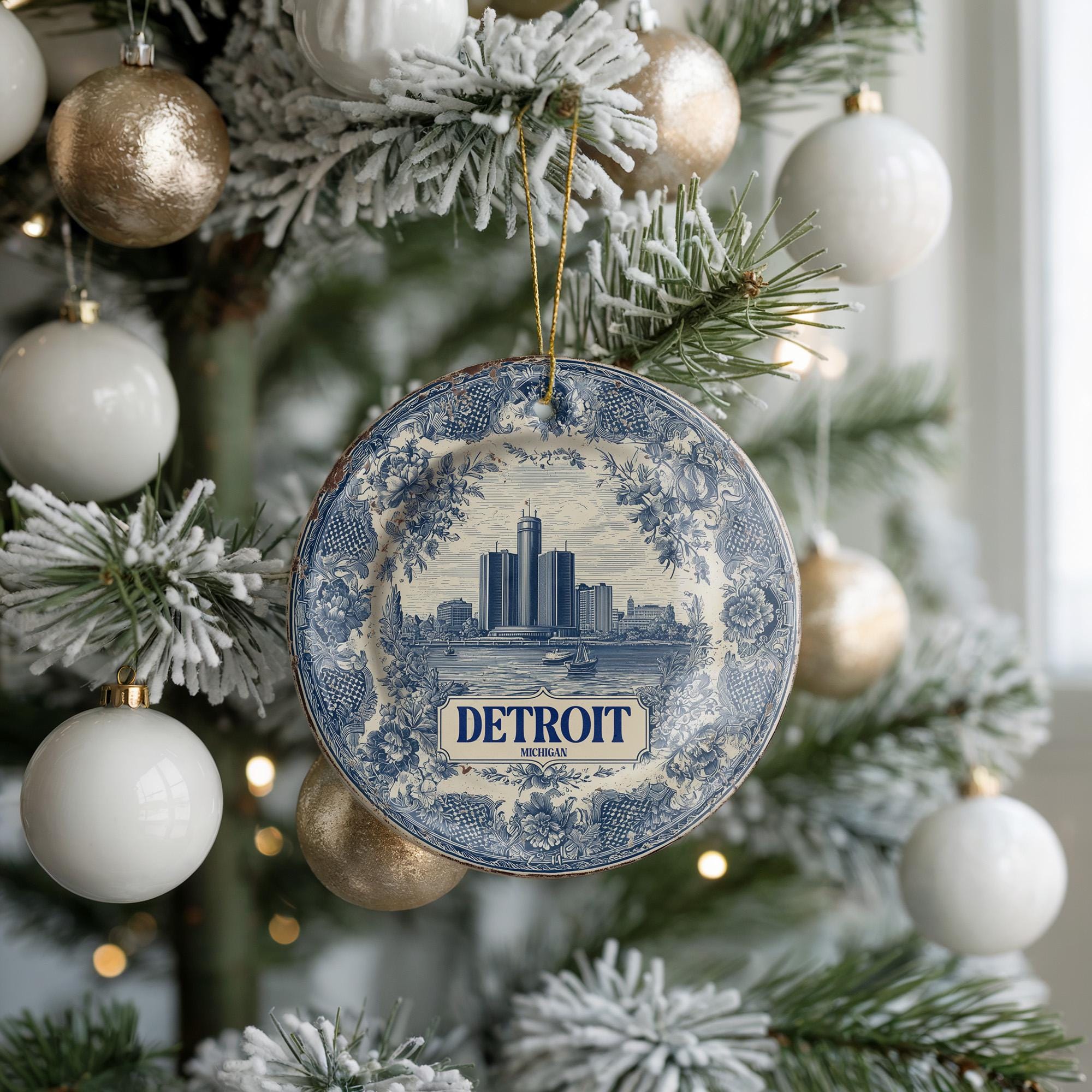 Custom Detroit Michigan Ceramic Delft Ornament, Christmas Delftware Blue Delftware city travel - CuteBeePix