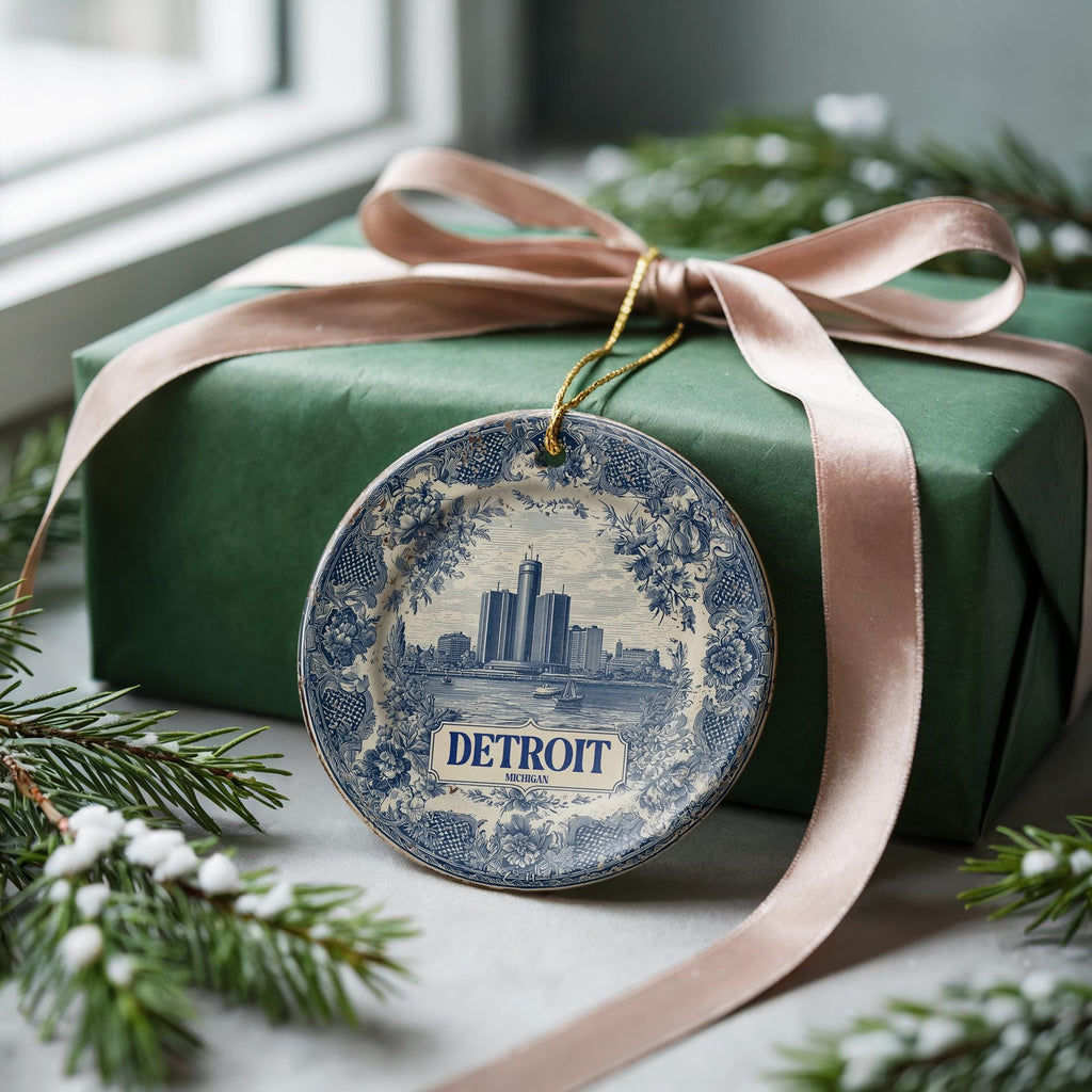 Custom Detroit Michigan Ceramic Delft Ornament, Christmas Delftware Blue Delftware city travel - CuteBeePix