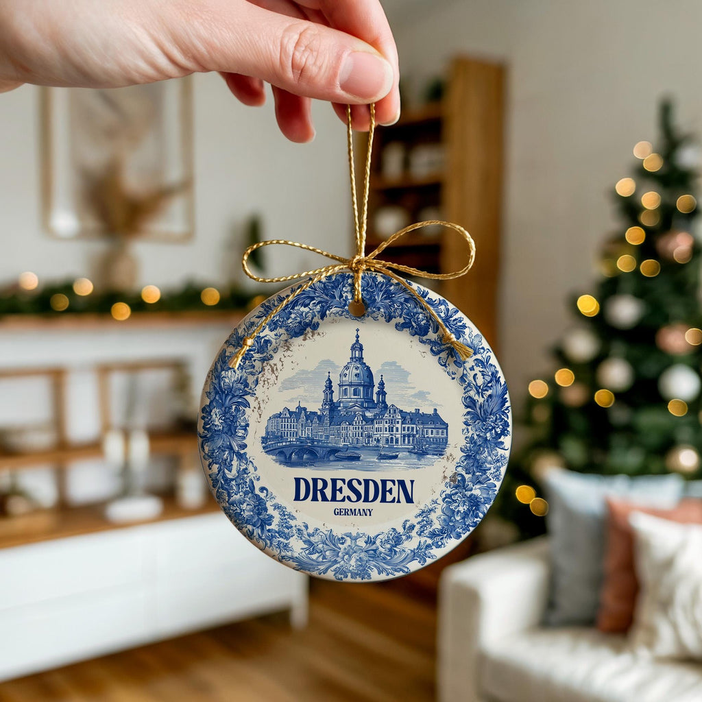 Custom Dresden Germany Ceramic Delft Ornament, Christmas Delftware Blue Delftware city travel - CuteBeePix