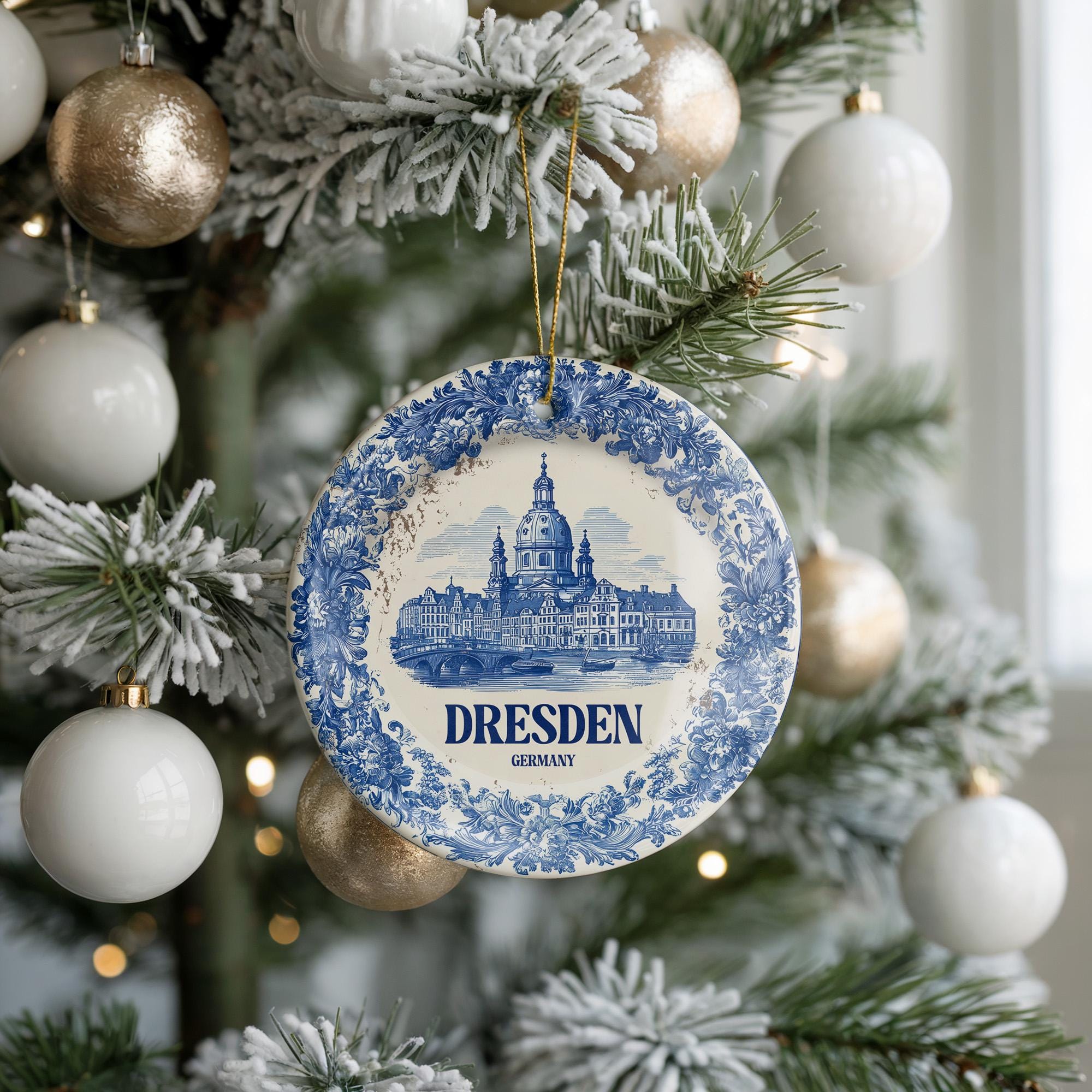 Custom Dresden Germany Ceramic Delft Ornament, Christmas Delftware Blue Delftware city travel - CuteBeePix