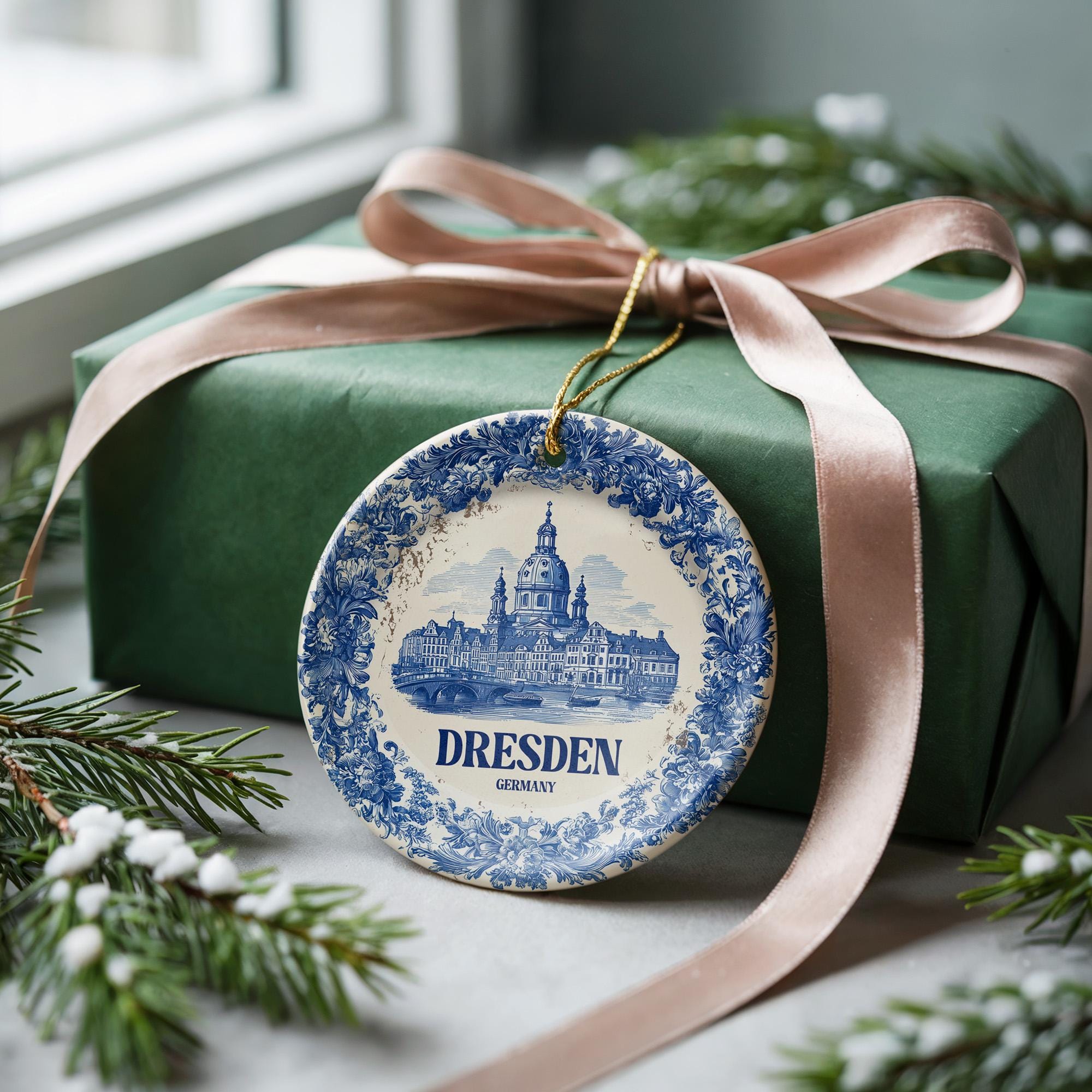 Custom Dresden Germany Ceramic Delft Ornament, Christmas Delftware Blue Delftware city travel - CuteBeePix